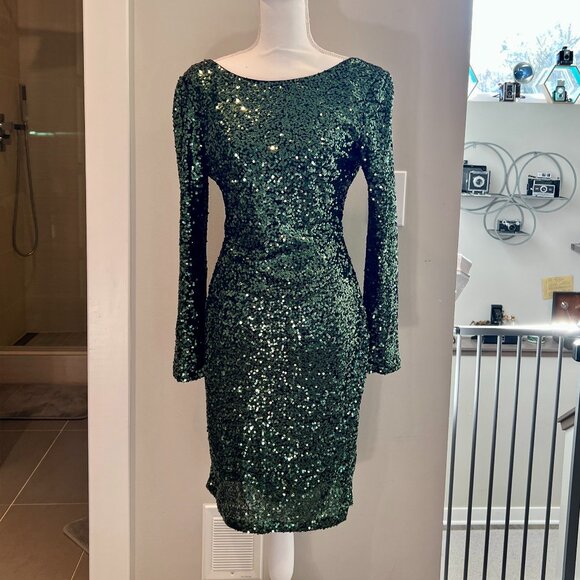 Badgley Mischka Green sequin Midi dress Size 6 - Picture 3 of 12